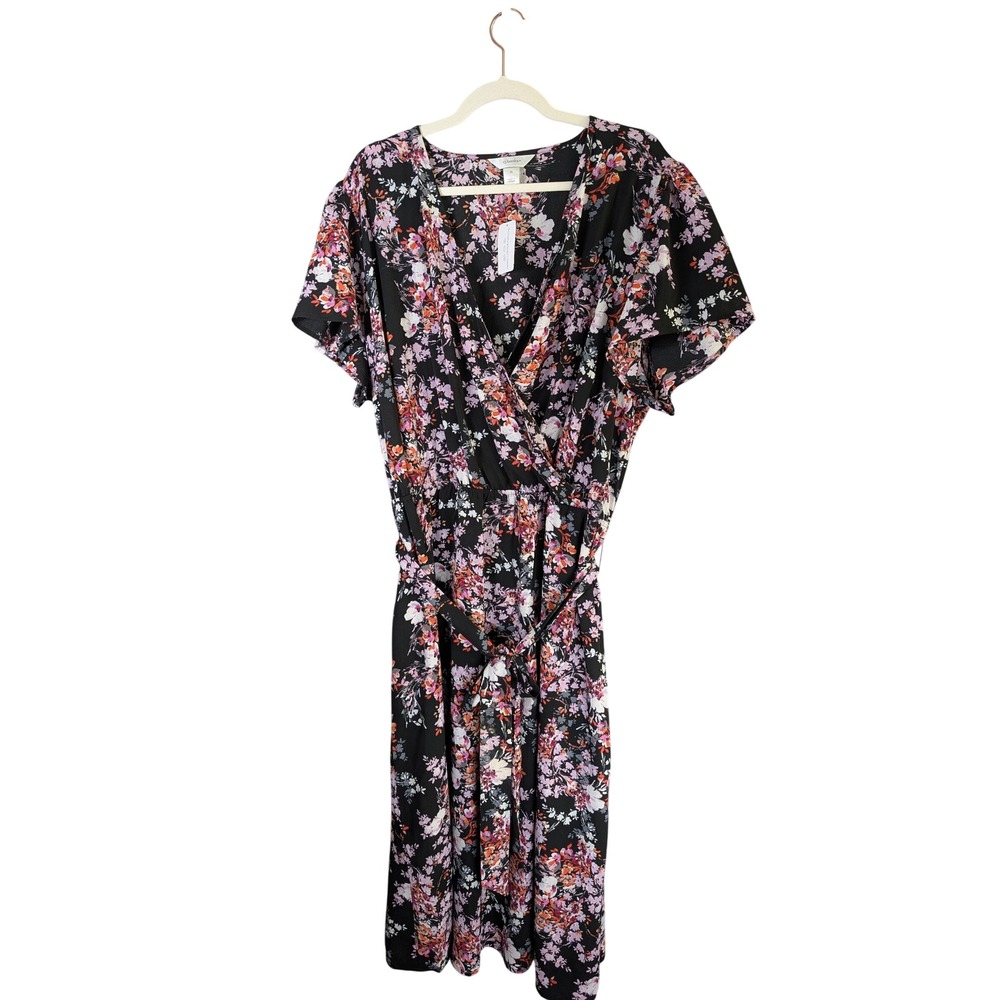 Cj Banks Dress Womens 3X Floral Black Purple Faux Wrap Flutter Sleeve Midi NWT